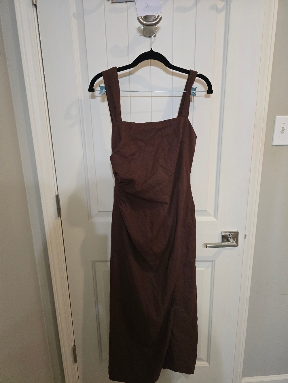 NWT Commense Chocolate Brown Square-Neck Midi Dress Slit Cotton & Linen Slit S - Picture 6 of 10